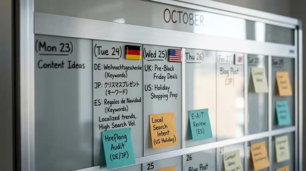 International SEO content calendar on a localized strategy board