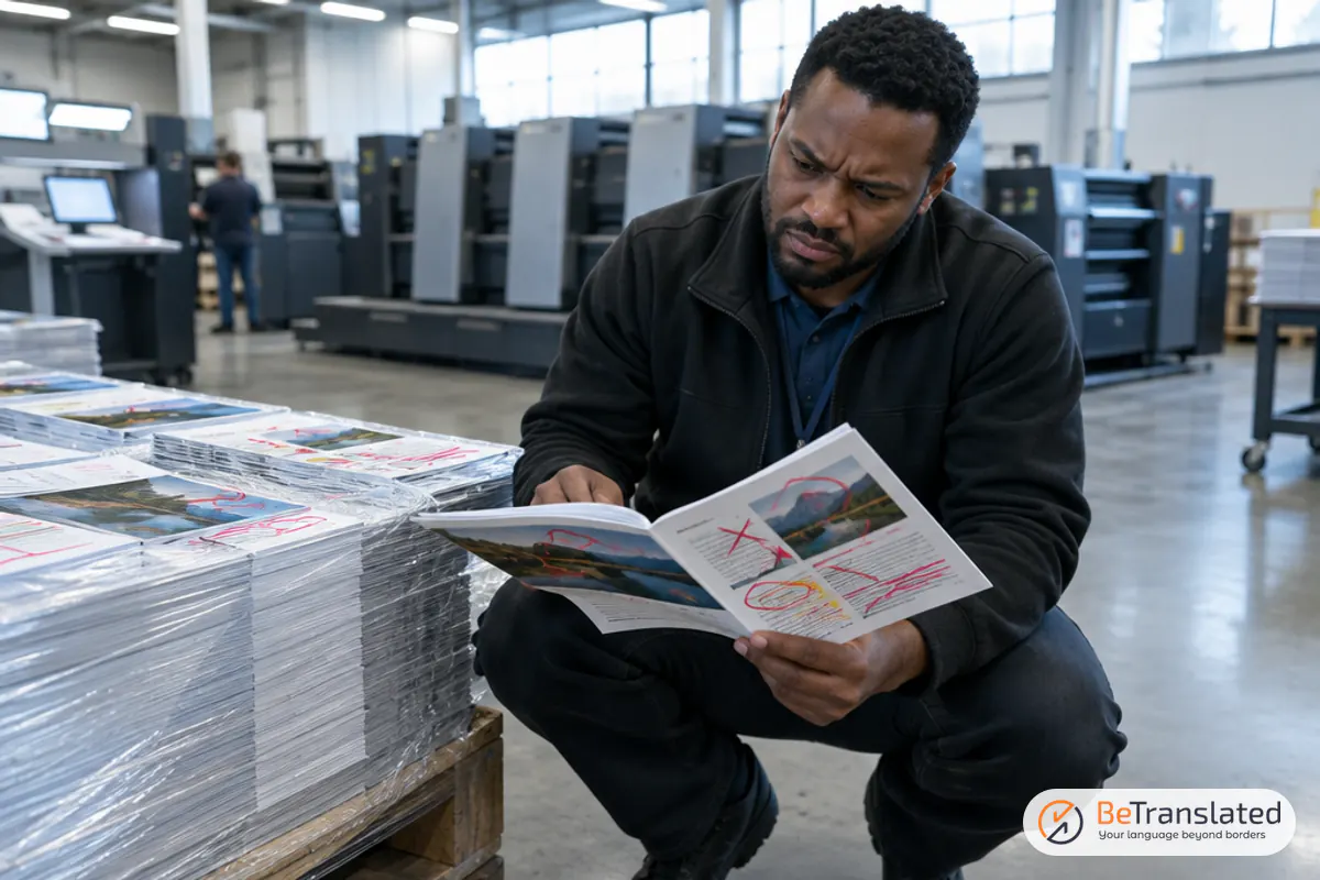 Marketing manager inspecting a pallet of misprinted brochures, the hidden cost of cheap translation services