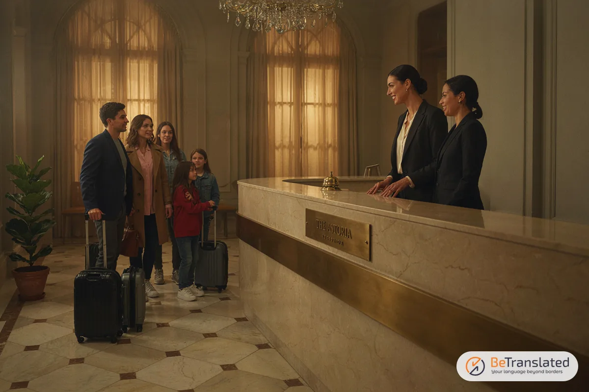 Hotel receptionist welcoming a family of international travellers at a lobby desk