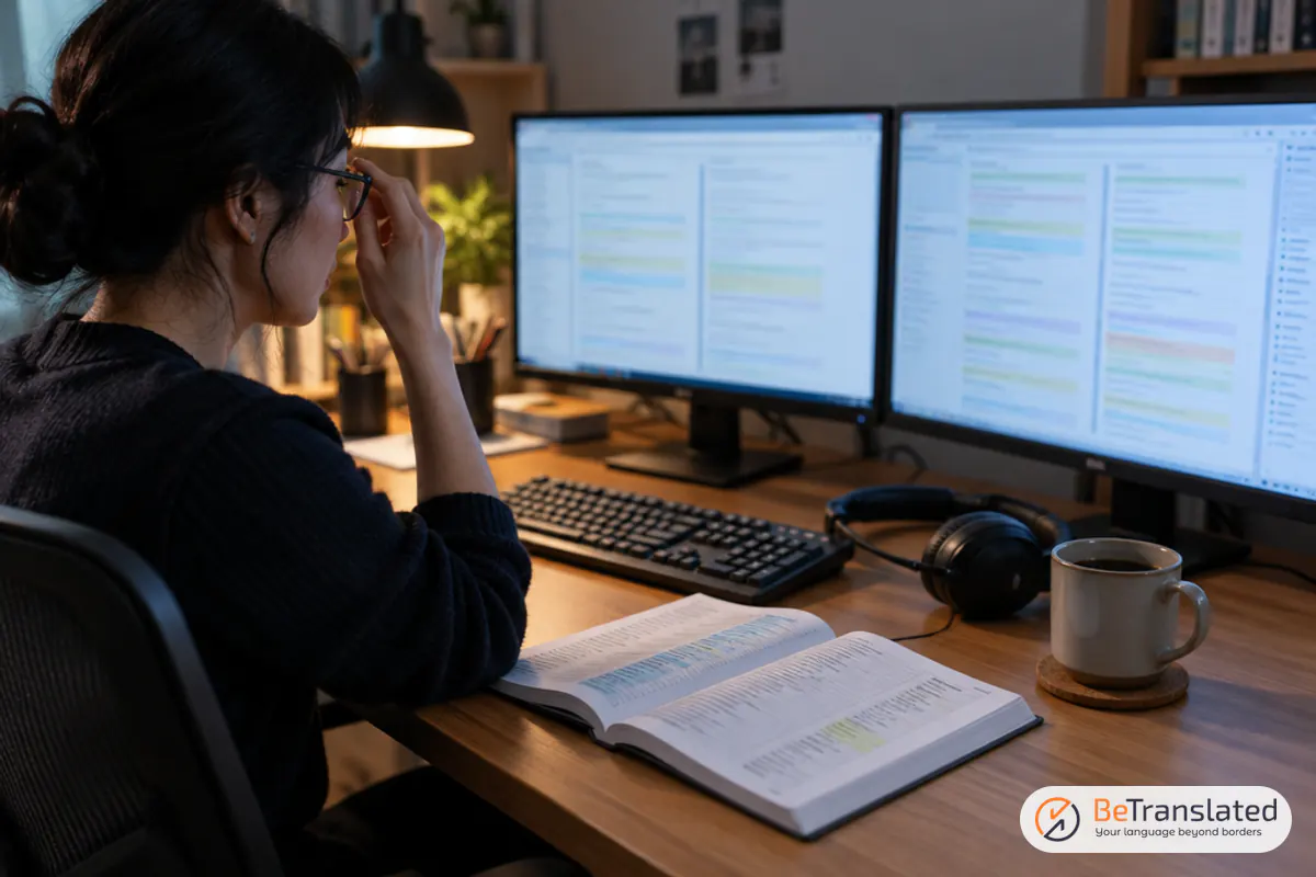 Translator's dual-monitor workstation running computer translation software, with glossary and headset nearby