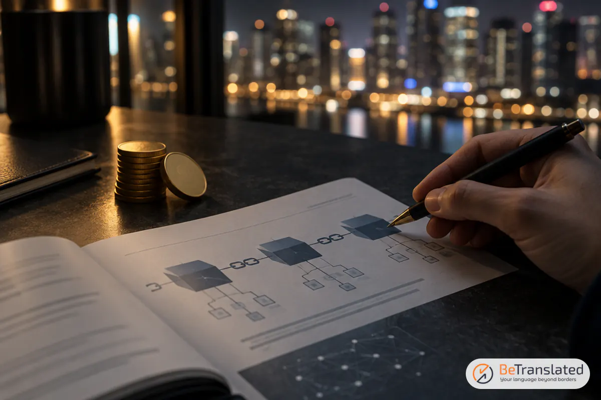 Printed white paper with blockchain diagrams and generic coins ready for cryptocurrency translation review
