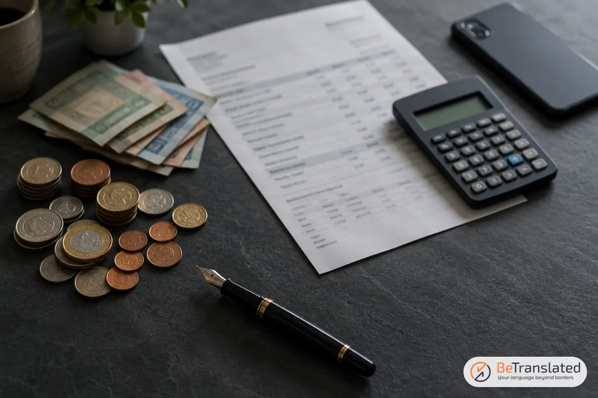 Foreign coins, banknotes, invoice and calculator illustrating currency issues for translators paid by overseas clients