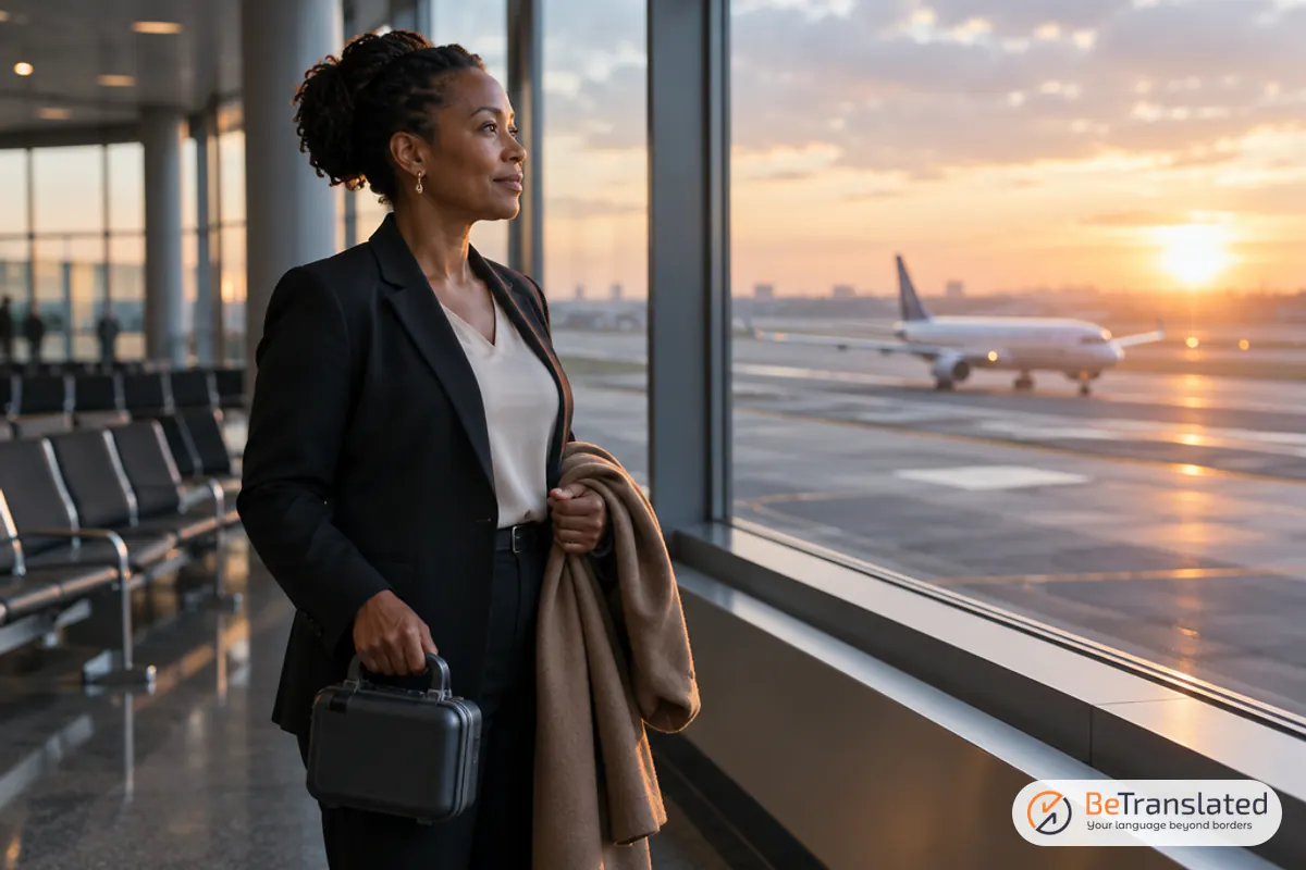 Founder waiting at an airport gate at dawn with a sample case, ready to expand internationally