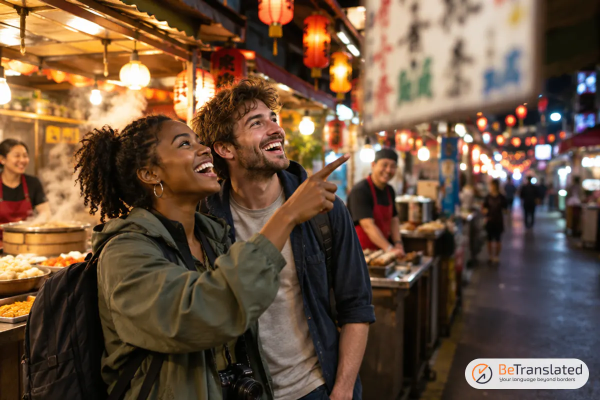 Travelers laughing at a garbled bilingual night market sign, a classic example of funny translation fails
