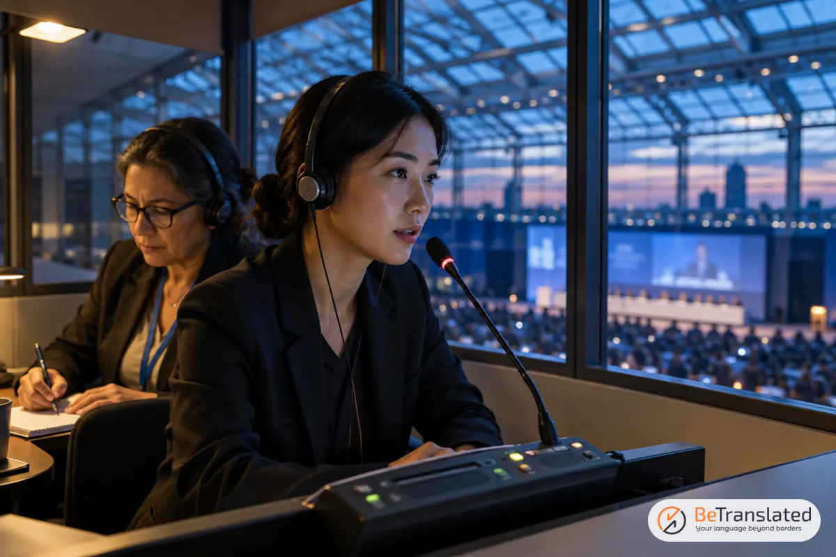 Two interpreters in a modern booth above a congress hall, picturing the future of translation and interpretation