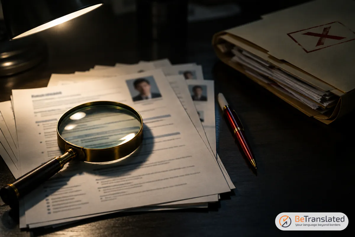 Magnifying glass over a stack of printed resumes, used to identify a translation scammer before paying