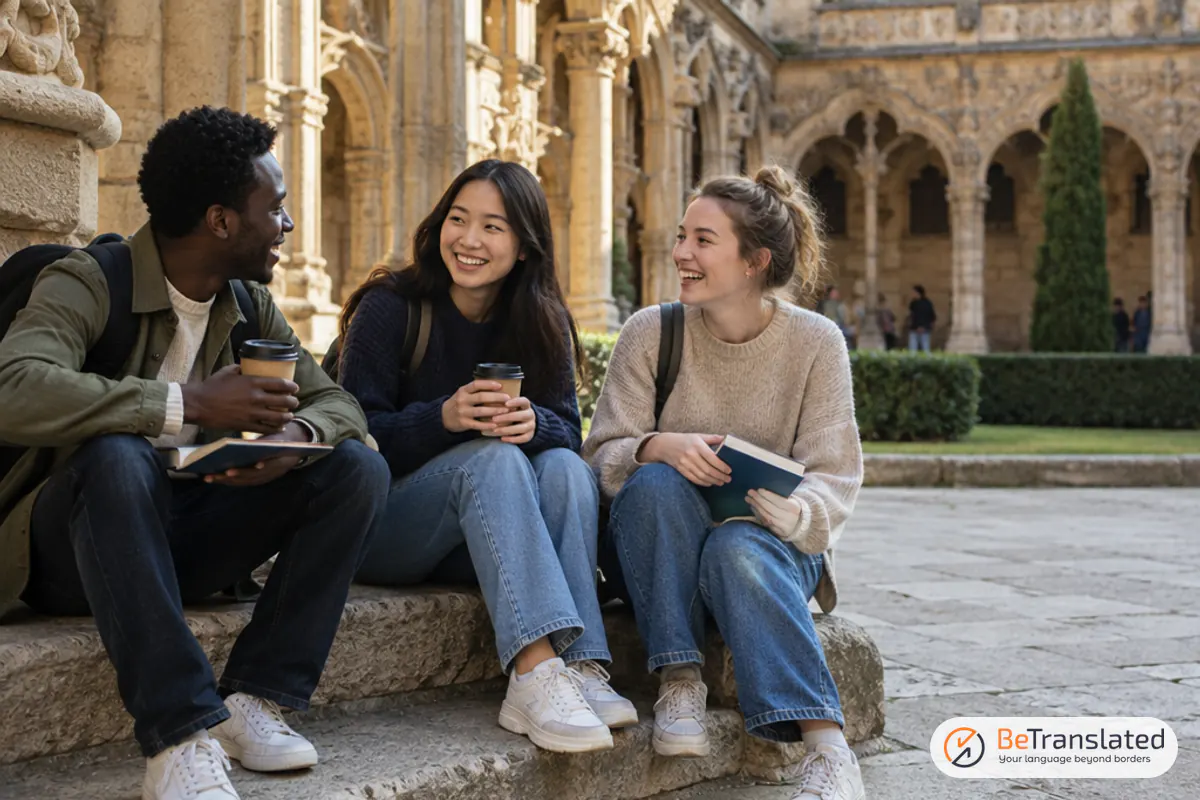 International students chatting in a sunlit university courtyard in Salamanca, sharing their international study experiences