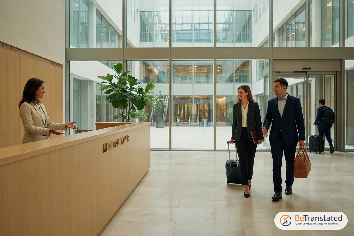 Business travellers with luggage arriving in a corporate headquarters atrium lobby