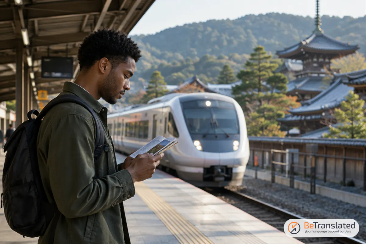 Traveler with a backpack consulting a pocket guidebook on a Kyoto train platform, following international travel tips