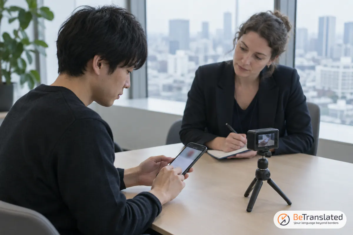 Ricercatrice osserva un giovane che usa uno smartphone a Tokyo durante i test per localizzare un sito web