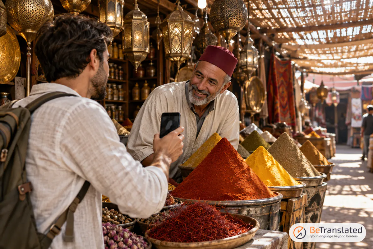 Viaggiatore usa lo smartphone con un venditore di spezie a Marrakech, esempio d’uso delle migliori app per traduzioni