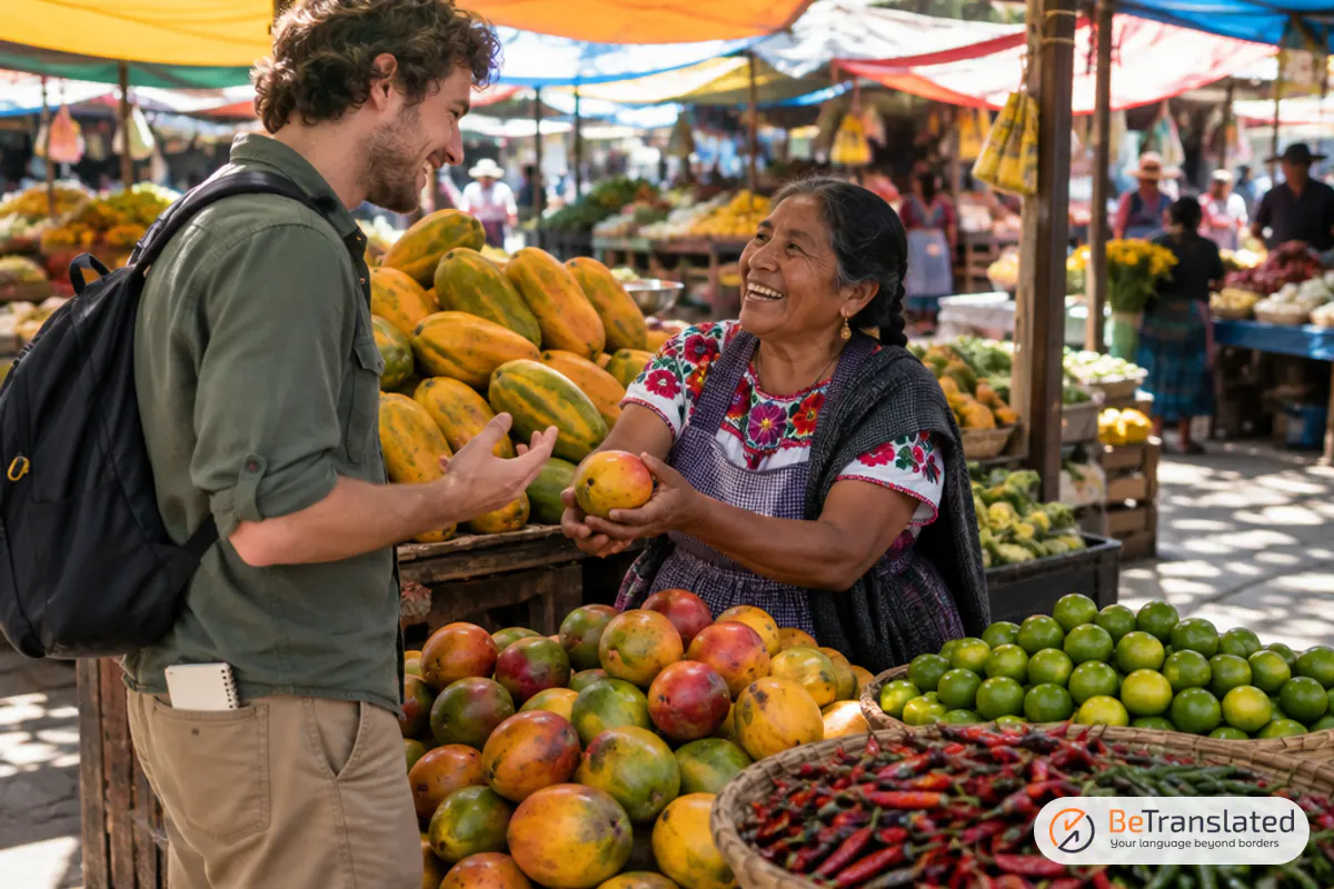 Learner practicing conversation with a fruit vendor at an Oaxaca market, avoiding common language learning mistakes