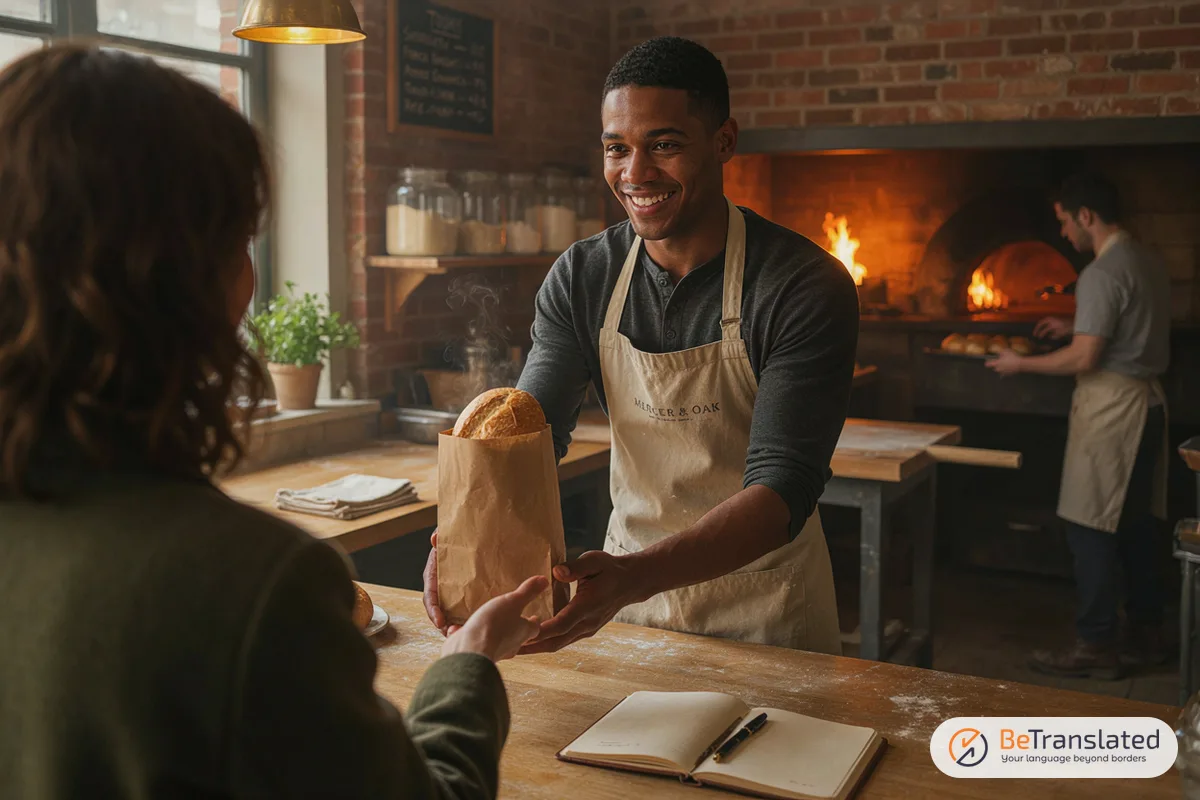 Baker handing a bag of bread to a customer across a bakery counter