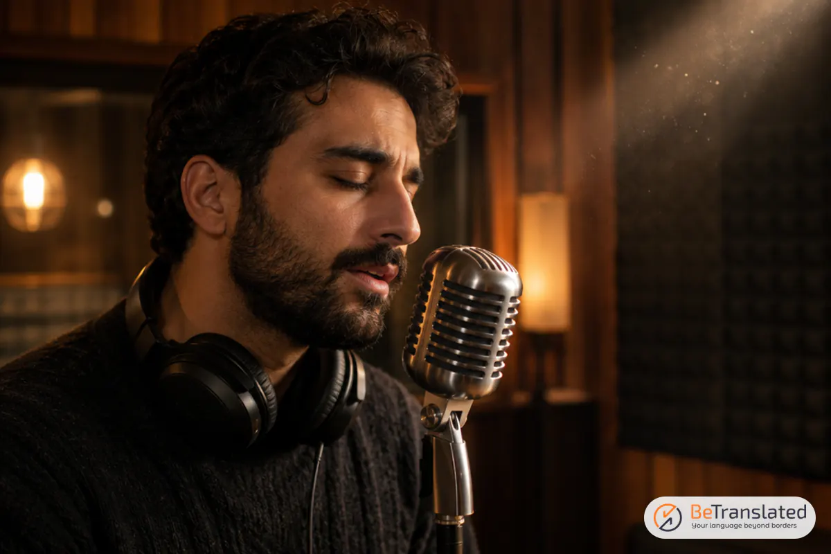 Voice actor speaking into a vintage studio microphone, exploring what makes a language sound beautiful