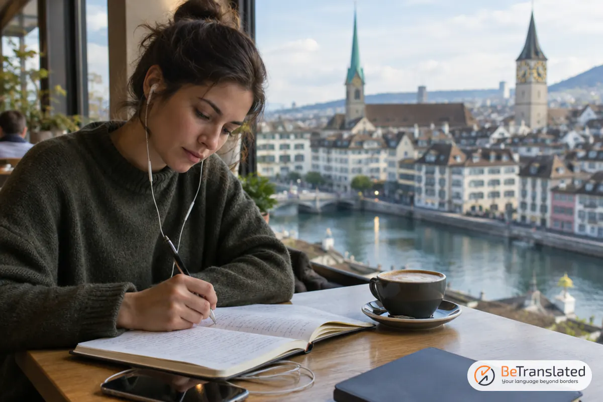Learner studying to learn Swiss German at a café overlooking Zurich's old town and the Limmat