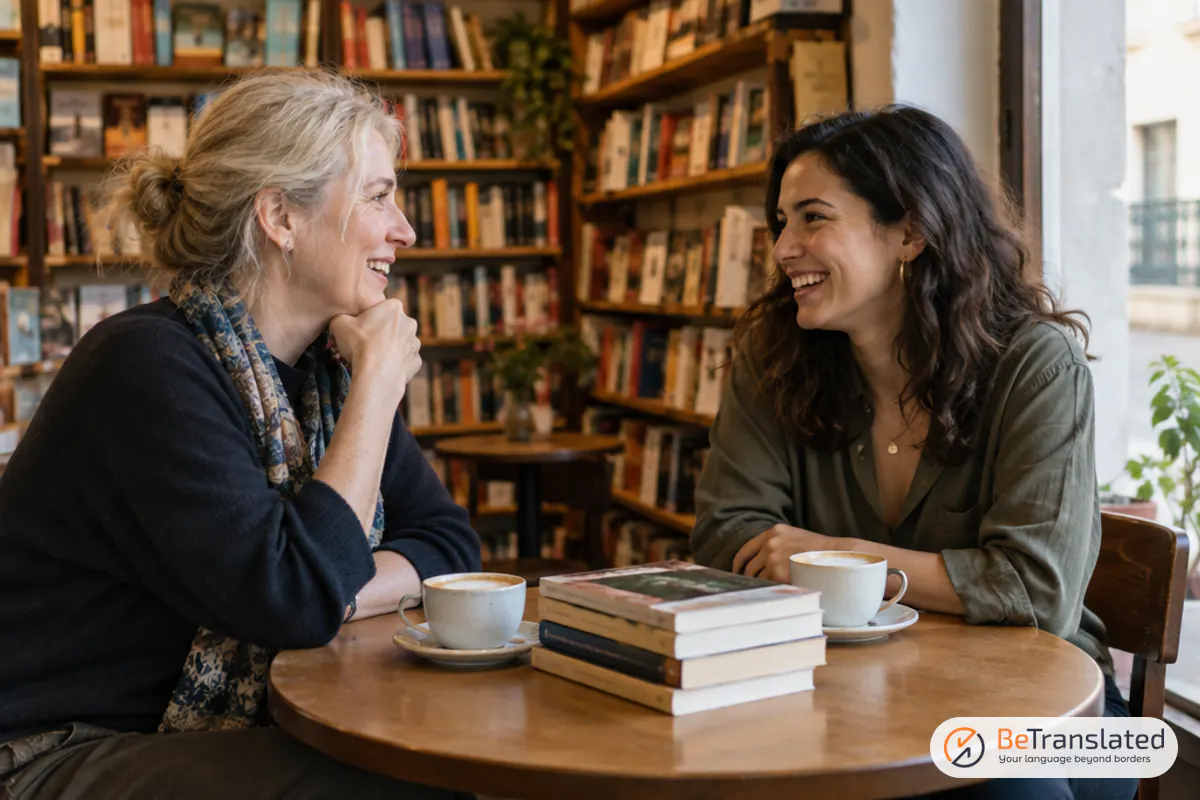 Translator chatting with a native speaker at a bookshop café to maintain her language skills
