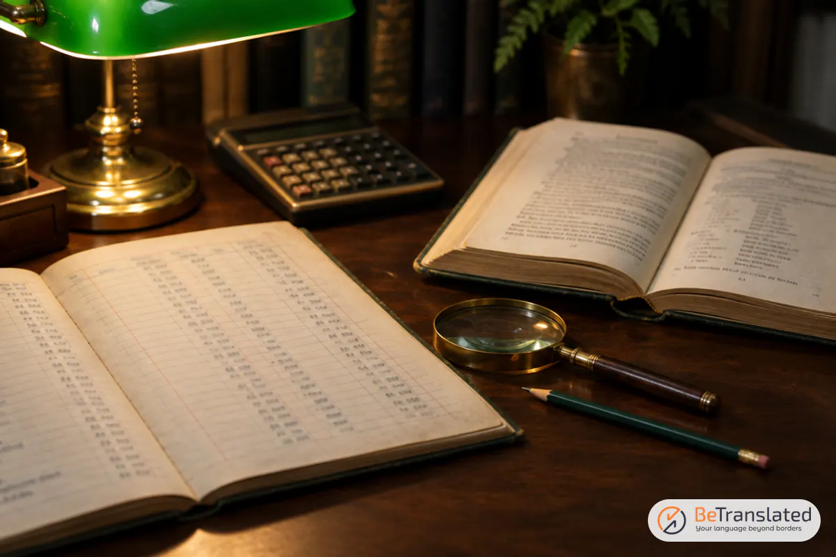 Accountant's desk with ledgers and a grammar handbook, checking whether market research is capitalized
