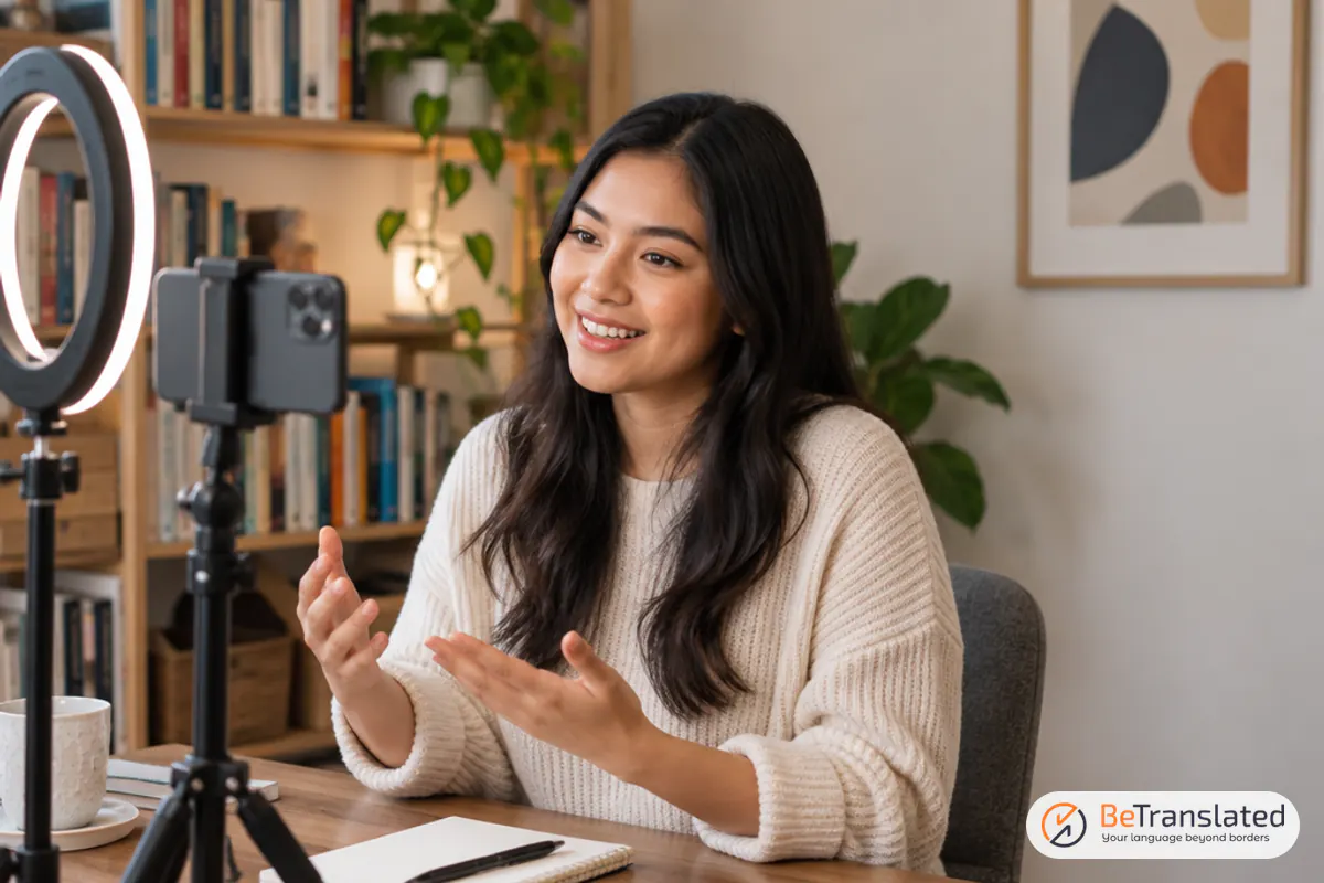 Freelancer filming a short video on a phone tripod at home, marketing her services online