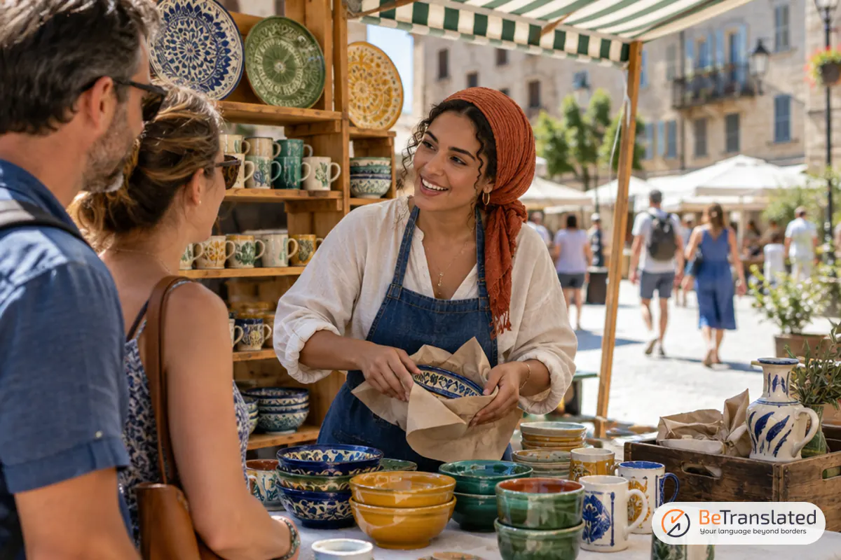 Multilingual entrepreneur chatting with tourists at her artisan stall in a busy European weekend market