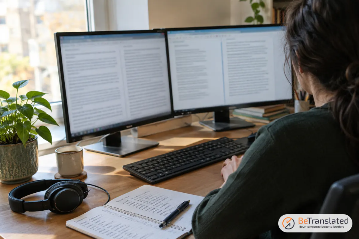 Freelance workspace with the everyday tools for translators: dual monitors, glossary notebook and headset