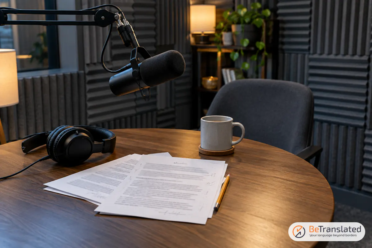 Studio microphone and printed transcript pages on a table, ready to transcribe your podcast episode
