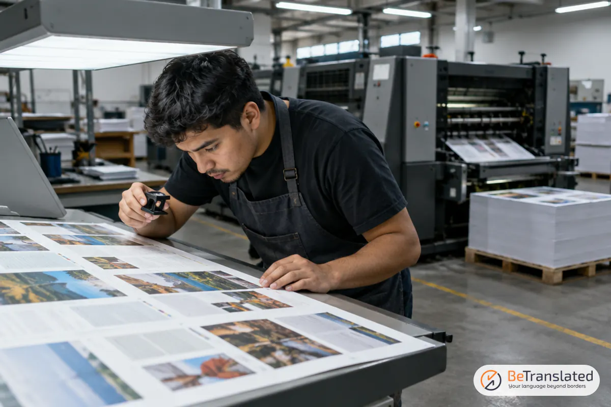 Press operator checking a brochure proof as translated content for print comes off an offset press