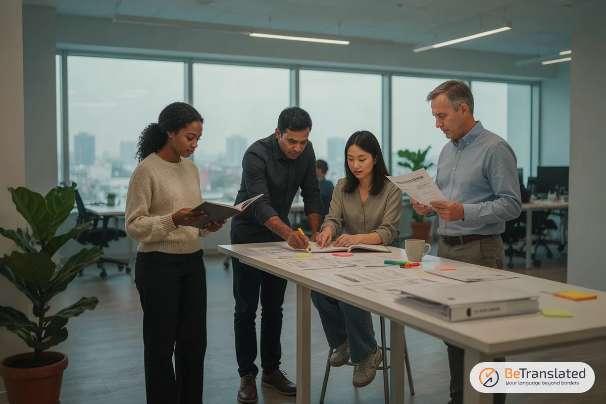 Team of four proofreading translated documents around a standing table