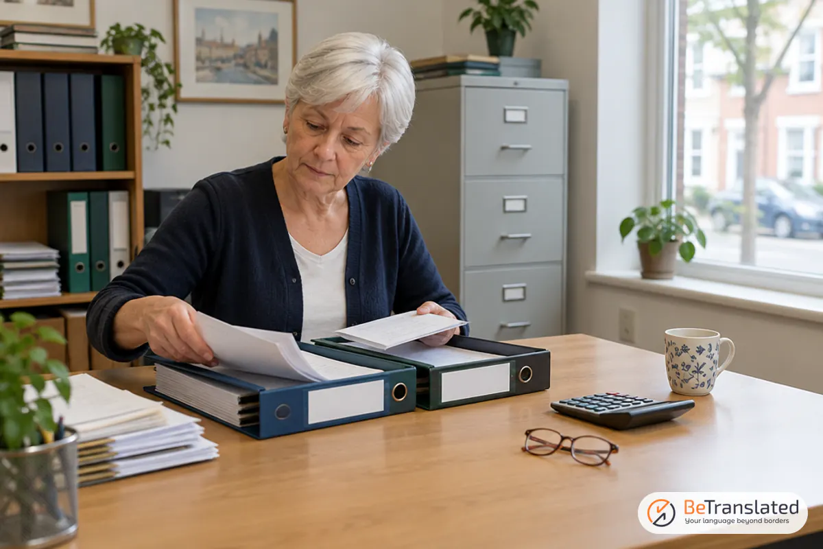 Owner reviewing invoices and binders for translation business administration in a small office