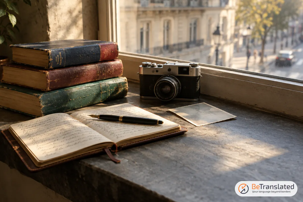 Dictionaries, leather notebook and fountain pen on a sunny windowsill, tracing a translation entrepreneur's journey