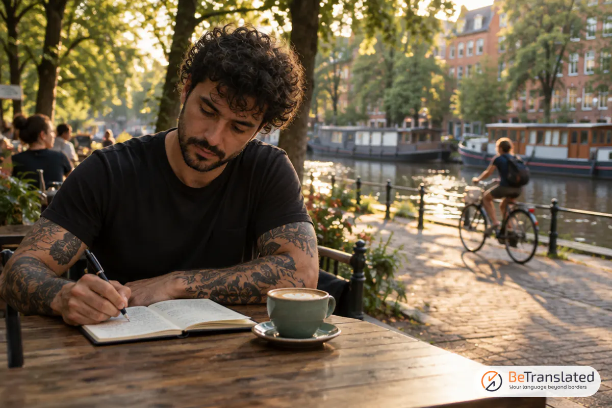Translator in Berlin working with a notebook at a canal-side café in Kreuzberg