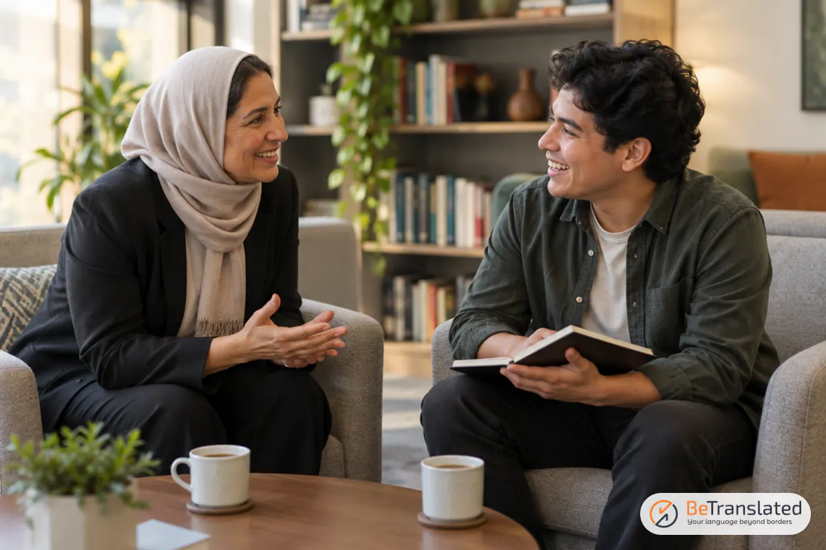 Team lead giving a translator encouraging feedback over coffee to boost translator performance