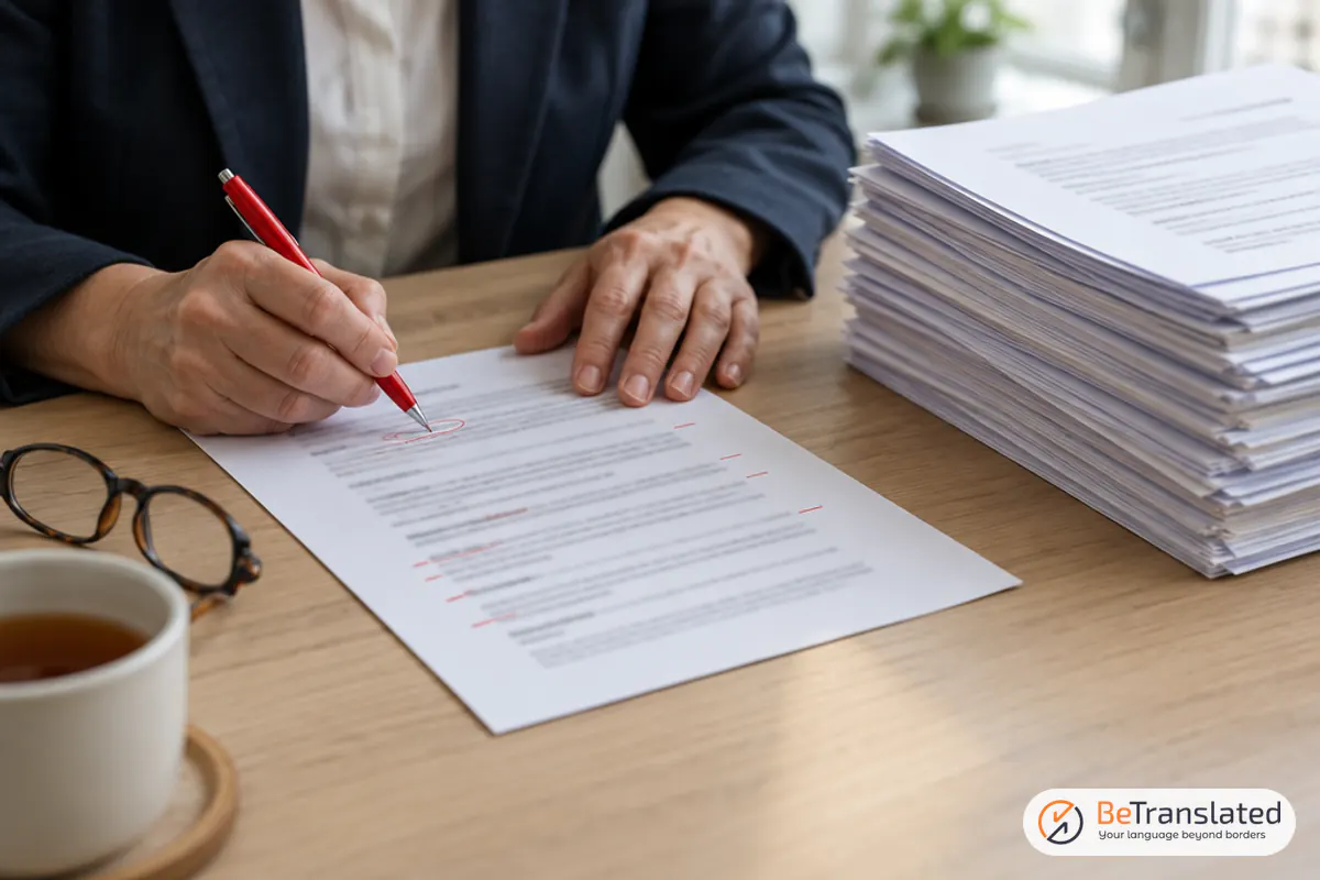 Hiring manager red-penning a printed translator resume among a stack of applications on a meeting table