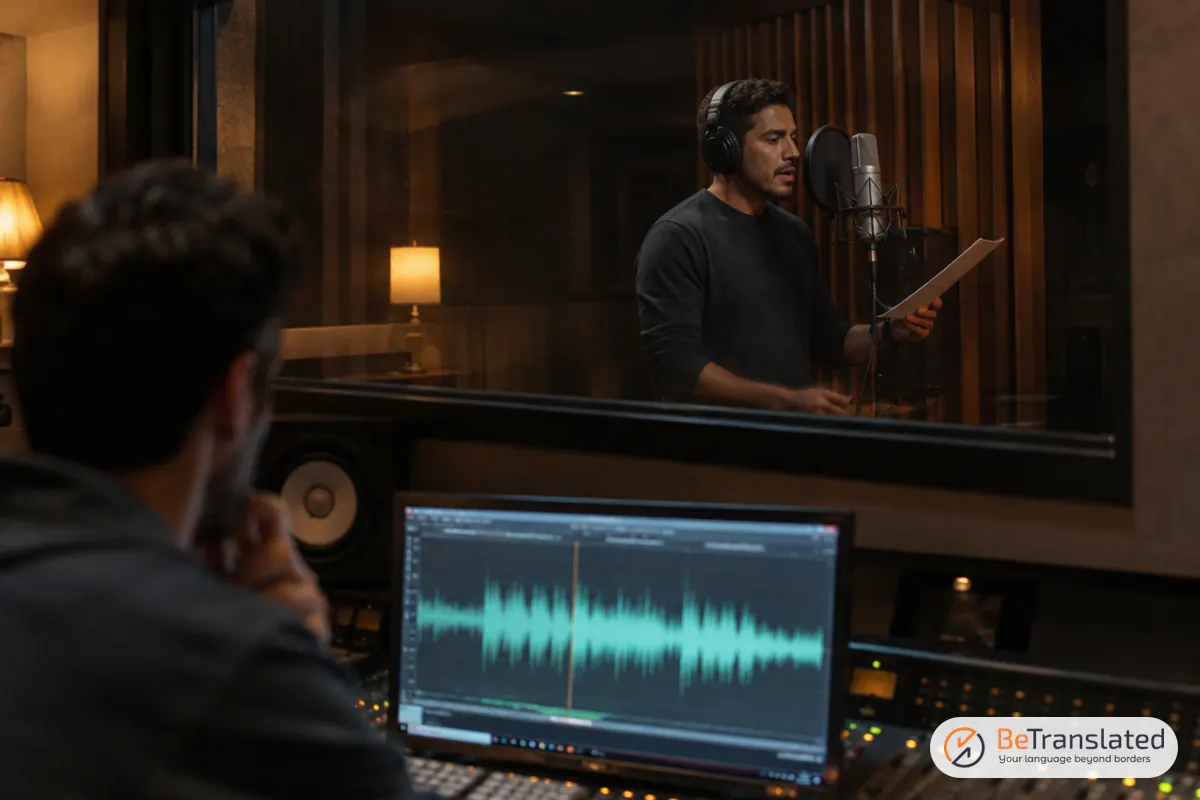 Voice actor recording a dub while an engineer mixes, a key step in video translation