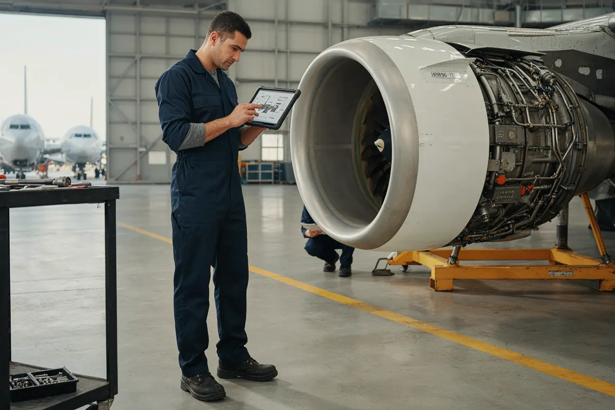 Aircraft maintenance engineer checking technical documentation on a tablet beside a jet engine in a hangar