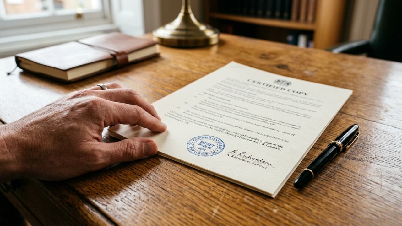 Certified legal document with notary stamp and signature on official translation paperwork