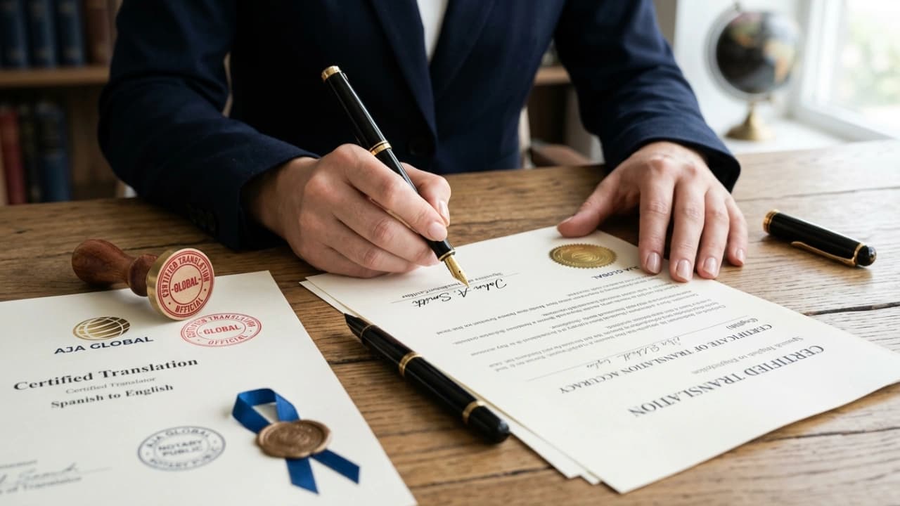 Certified translation PDF being signed electronically with a qualified e-signature, alongside the translator's credentials
