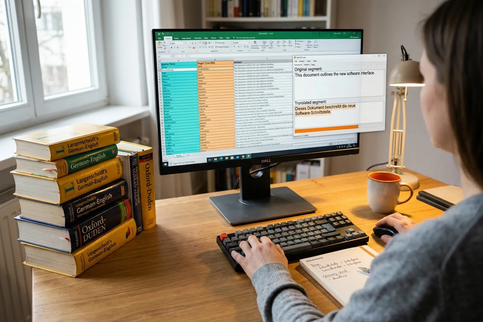 BeTranslated specialist's workspace with multilingual reference materials, glossary spreadsheet, and CAT tool open on the monitor