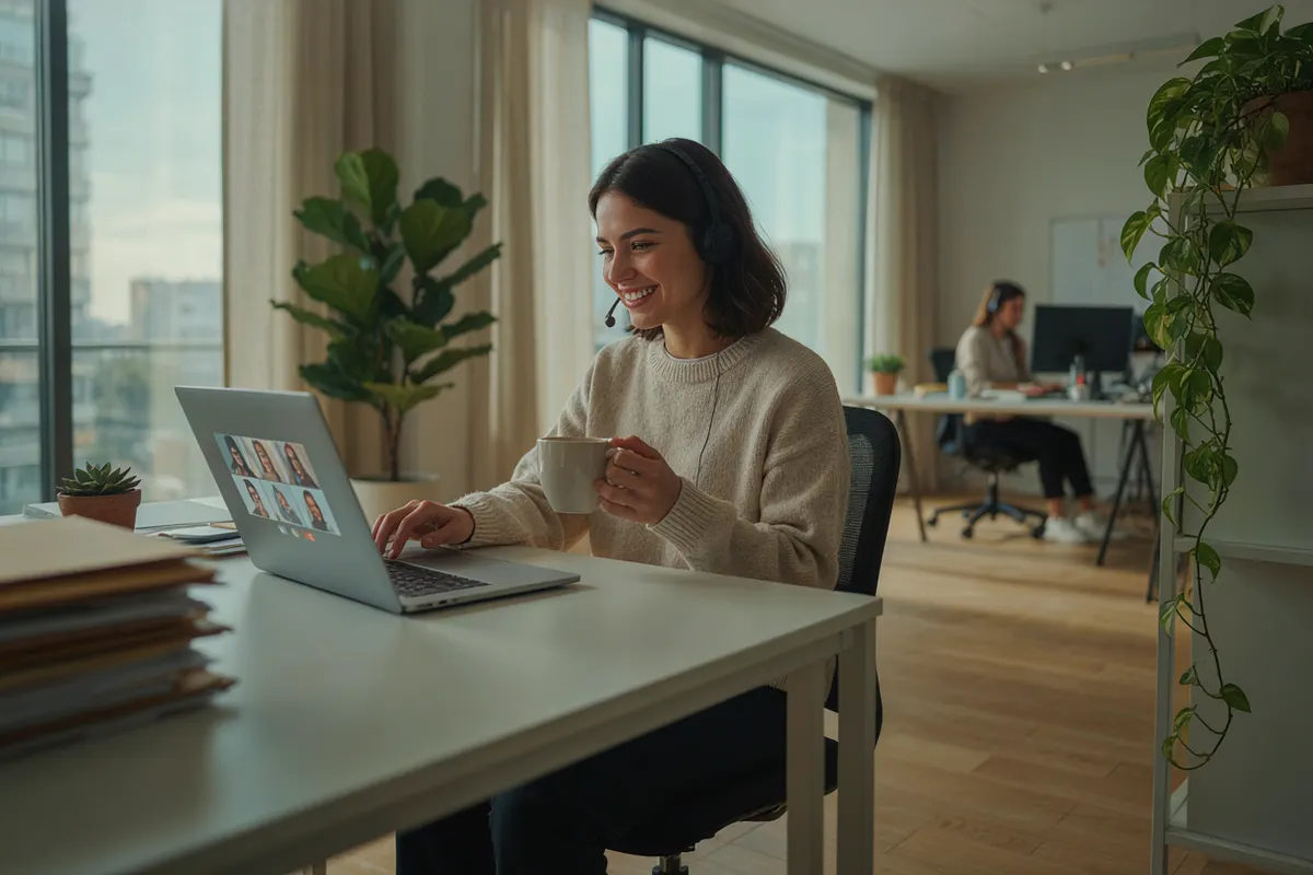 A smiling support specialist with a headset on a video call in a bright office