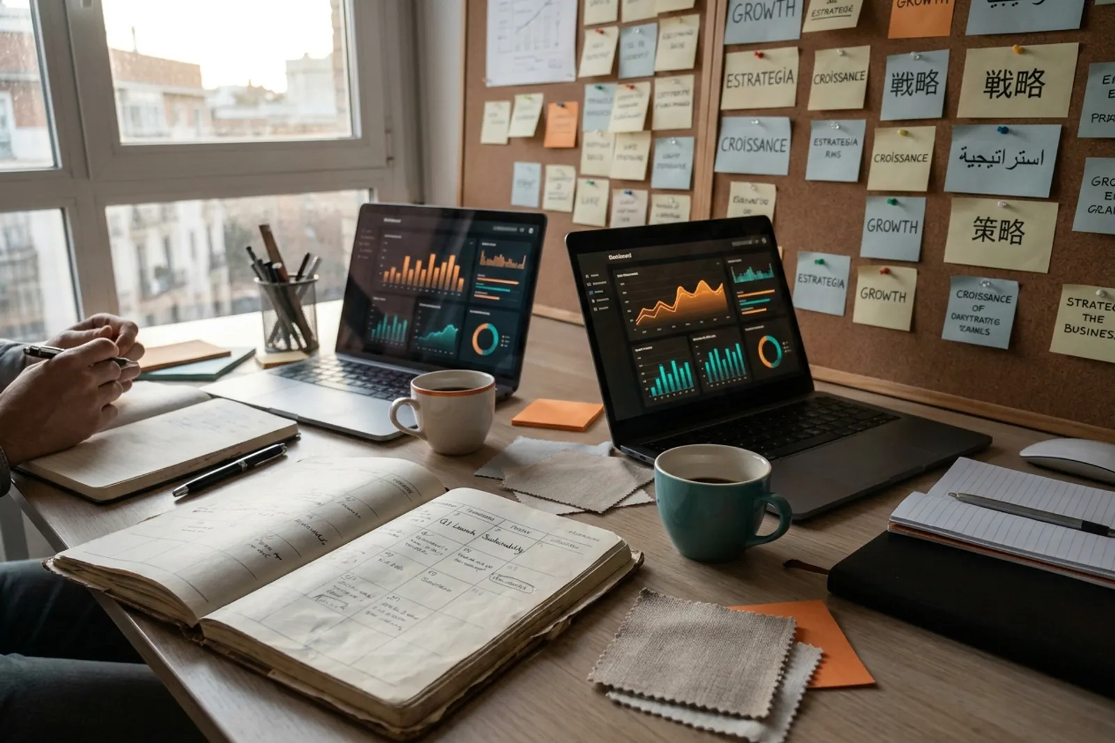 Marketing workspace with analytics on two laptops and a wall of campaign planning notes in several languages