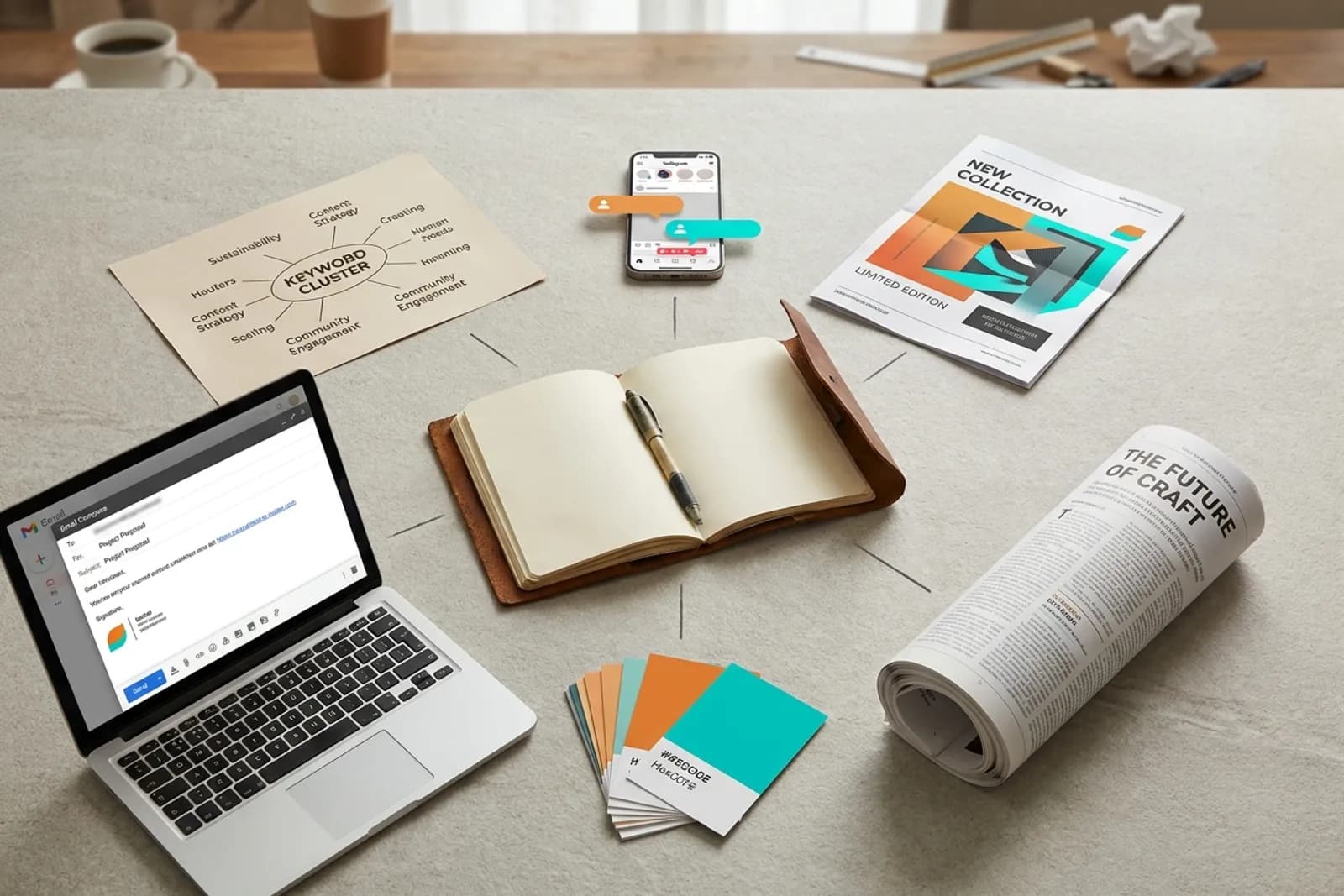 Editorial flat-lay showing one item per service: keyword cluster printout, social phone, ad mockup, longform article, email composer, and brand color swatch