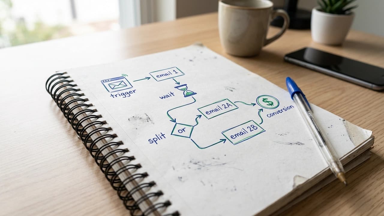 Email automation sequence flow being mapped on a planning workspace with stages and triggers visible