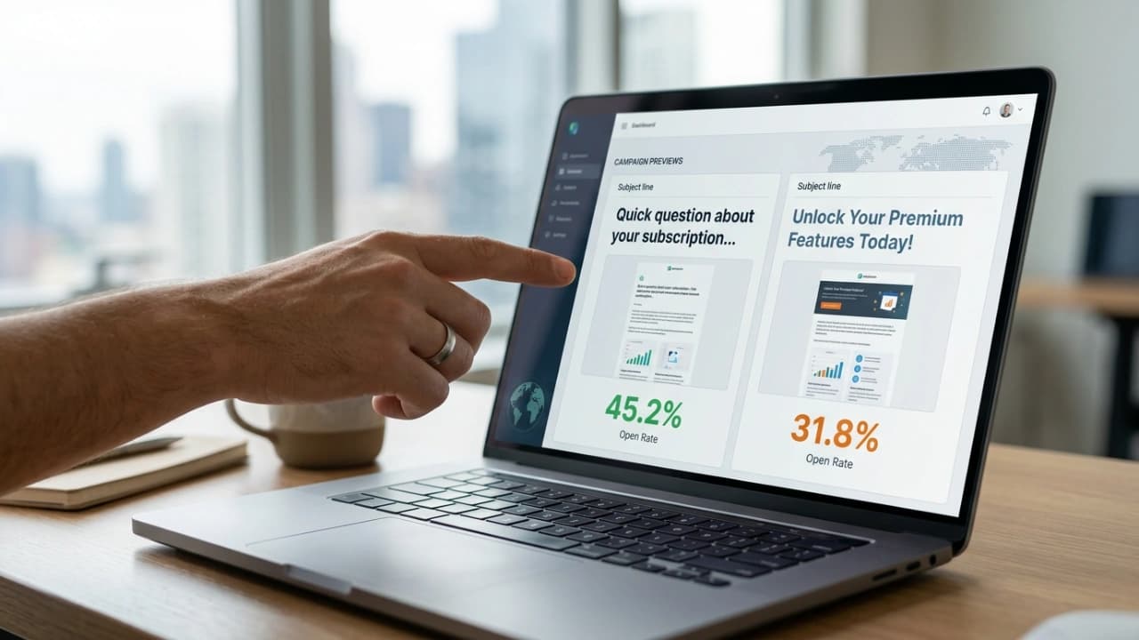 Email subject line A/B test results dashboard with open-rate and click-through-rate comparisons