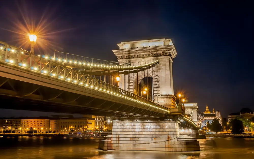 The Széchenyi Chain Bridge lit up at night, Budapest