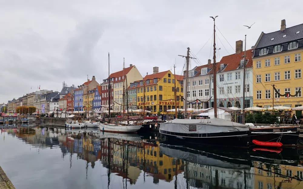 Colorful townhouses and boats along Nyhavn, Copenhagen