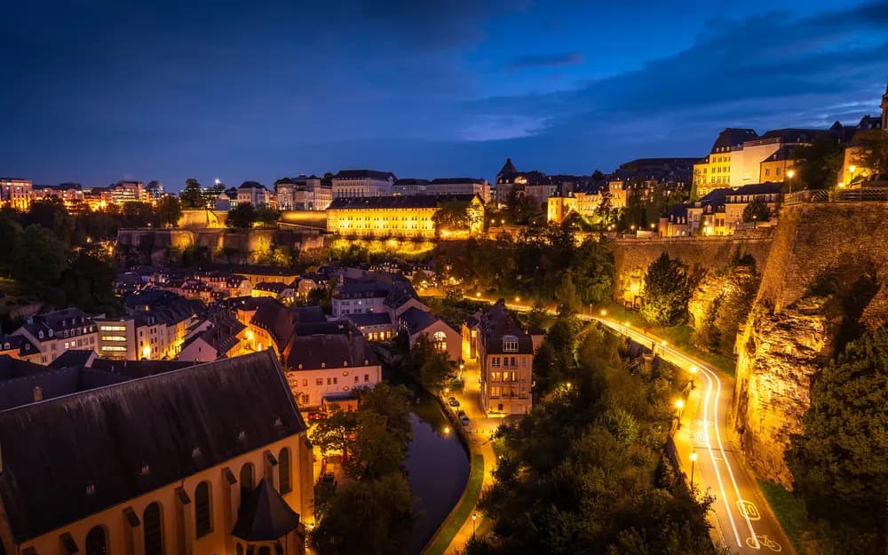 The Grund quarter of Luxembourg City at night