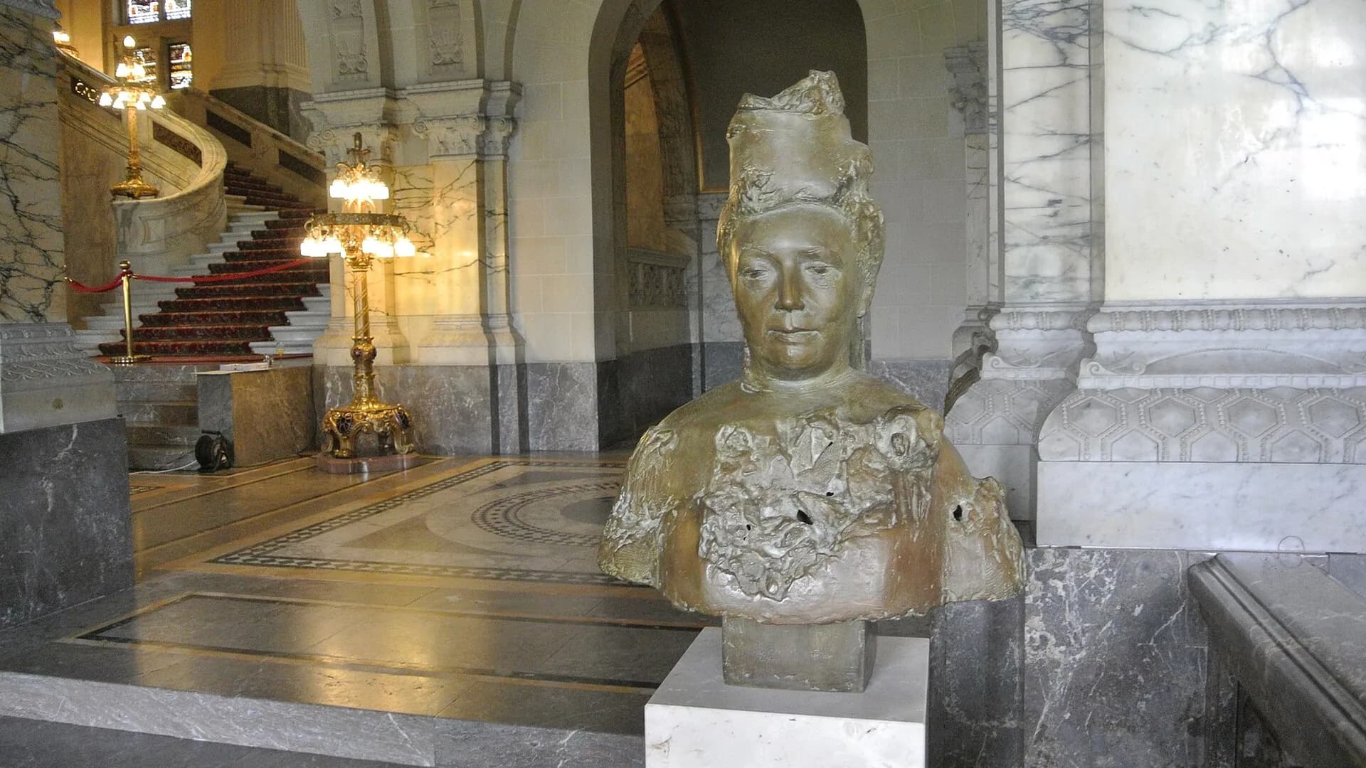 Entrance hall of the Peace Palace in The Hague with a bust of Bertha von Suttner