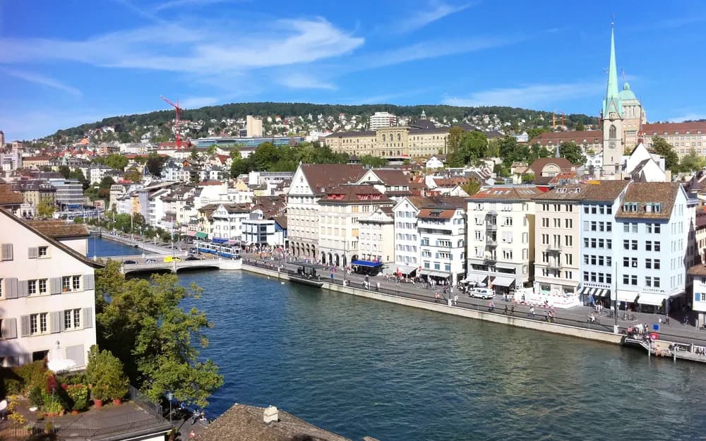 Zurich old town and the Limmat river seen from the Lindenhof