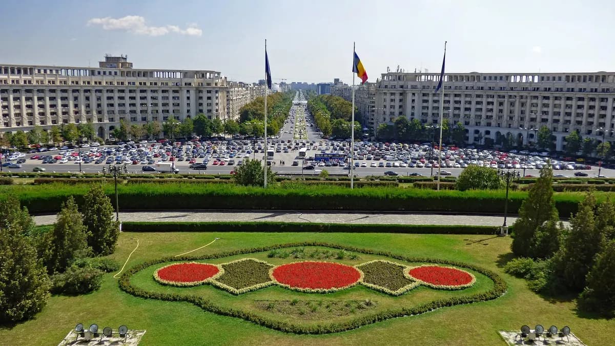 Constitution Square and Unirii Boulevard seen from the Palace of the Parliament, Bucharest
