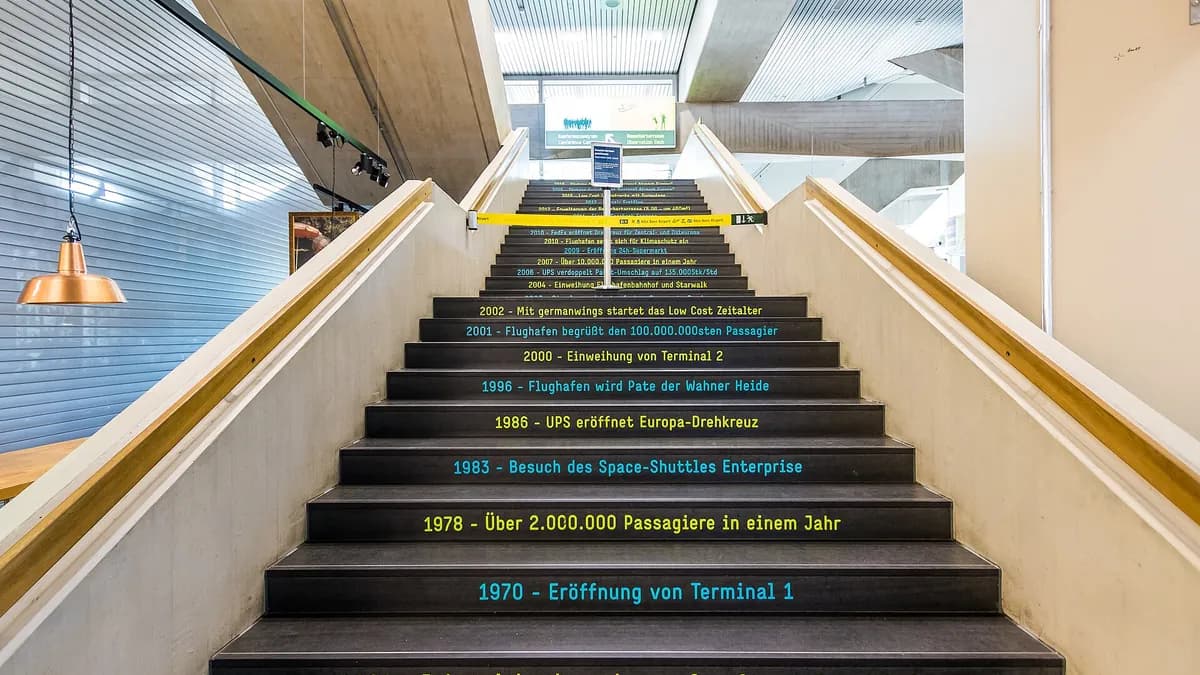 Staircase in Terminal 1 of Cologne Bonn Airport showing the airport timeline
