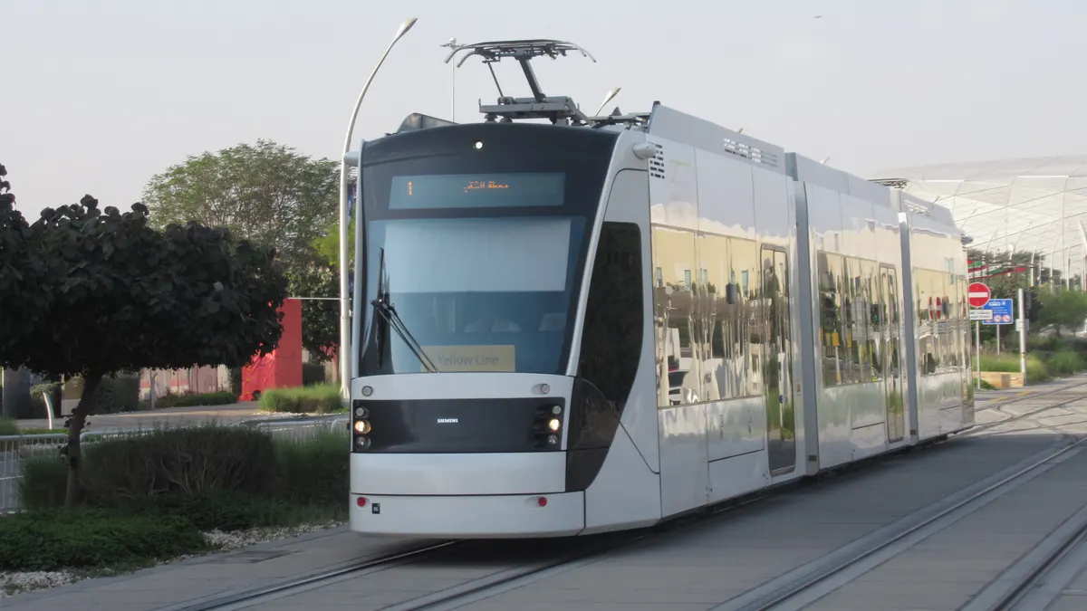 Education City tram at a station on the Qatar Foundation campus, Doha